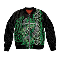 Aotearoa Iwi Ngai Tahu Personalised Sleeve Zip Bomber Jacket NZ Maori Humpback Whale Taniko Motifs LT14 Unisex Green - Polynesian Pride