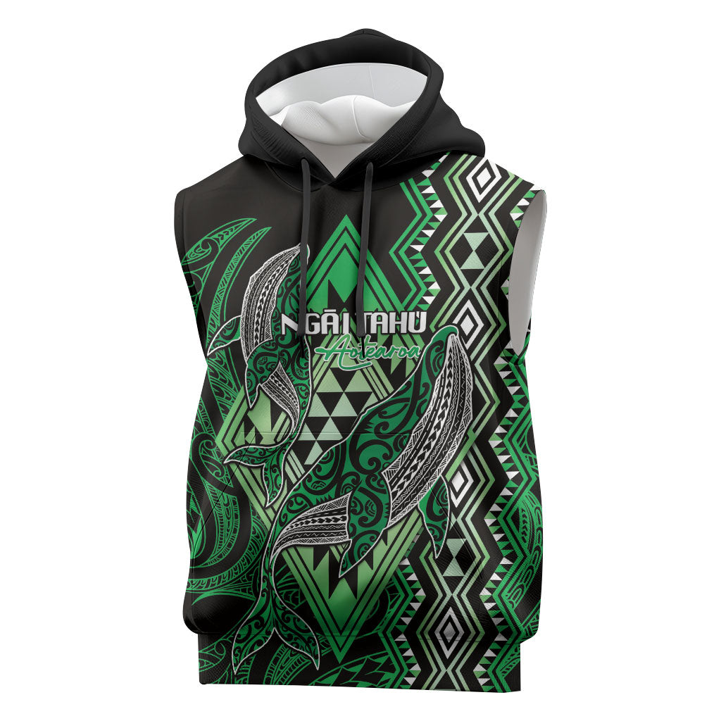 Aotearoa Iwi Ngai Tahu Personalised Sleeveless Hoodie NZ Maori Humpback Whale Taniko Motifs LT14 Green - Polynesian Pride