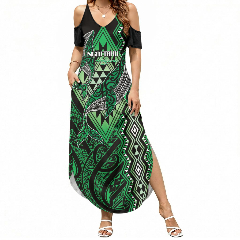 Aotearoa Iwi Ngai Tahu Personalised Summer Maxi Dress NZ Maori Humpback Whale Taniko Motifs LT14 Women Green - Polynesian Pride