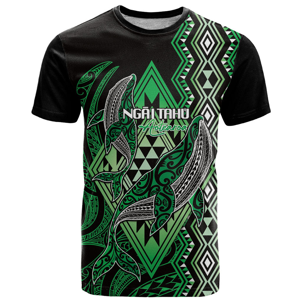 Aotearoa Iwi Ngai Tahu Personalised T Shirt NZ Maori Humpback Whale Taniko Motifs LT14 Green - Polynesian Pride