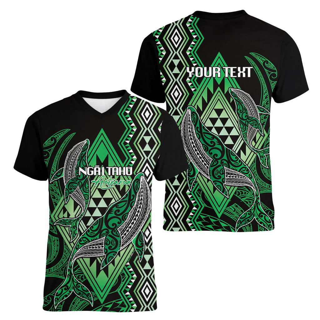 Aotearoa Iwi Ngai Tahu Personalised Women V-Neck T-Shirt NZ Maori Humpback Whale Taniko Motifs LT14 - Polynesian Pride