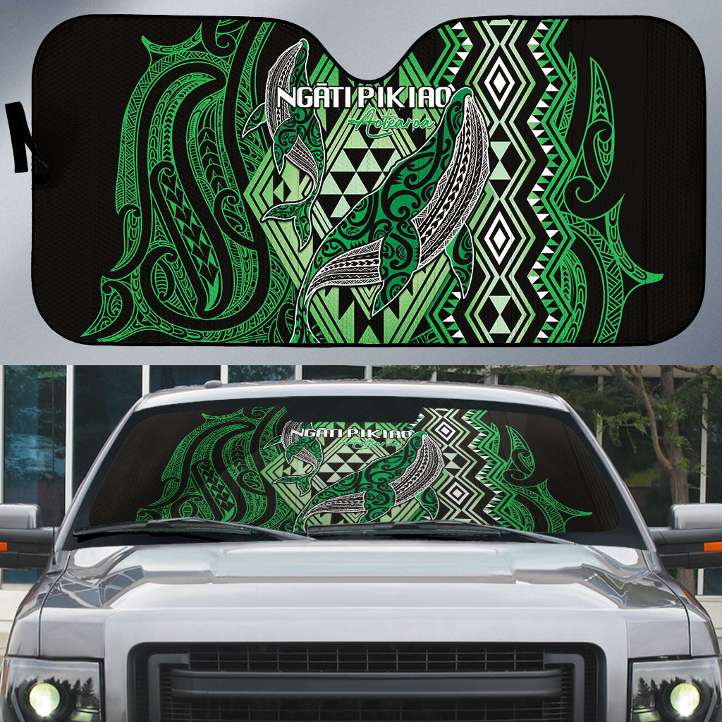 Aotearoa Iwi Ngati Pikiao Auto Sun Shade NZ Maori Humpback Whale Taniko Motifs LT14 Green - Polynesian Pride
