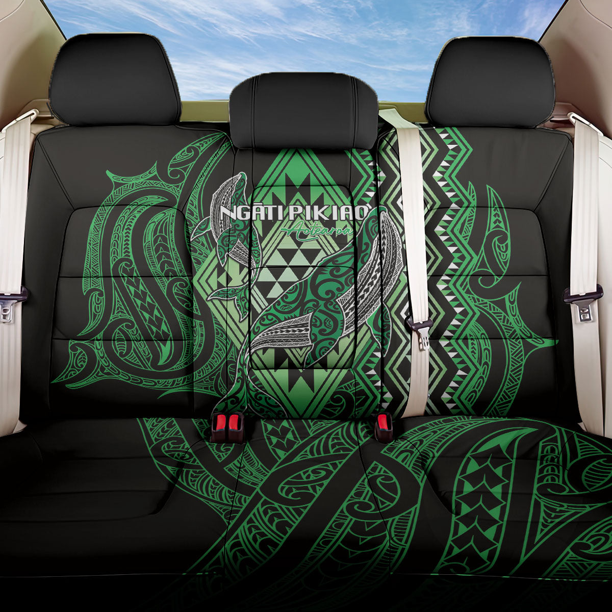 Aotearoa Iwi Ngati Pikiao Back Car Seat Cover NZ Maori Humpback Whale Taniko Motifs LT14 One Size Green - Polynesian Pride