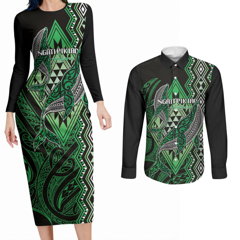 Aotearoa Iwi Ngati Pikiao Personalised Couples Matching Long Sleeve Bodycon Dress and Long Sleeve Button Shirt NZ Maori Humpback Whale Taniko Motifs LT14 Green - Polynesian Pride