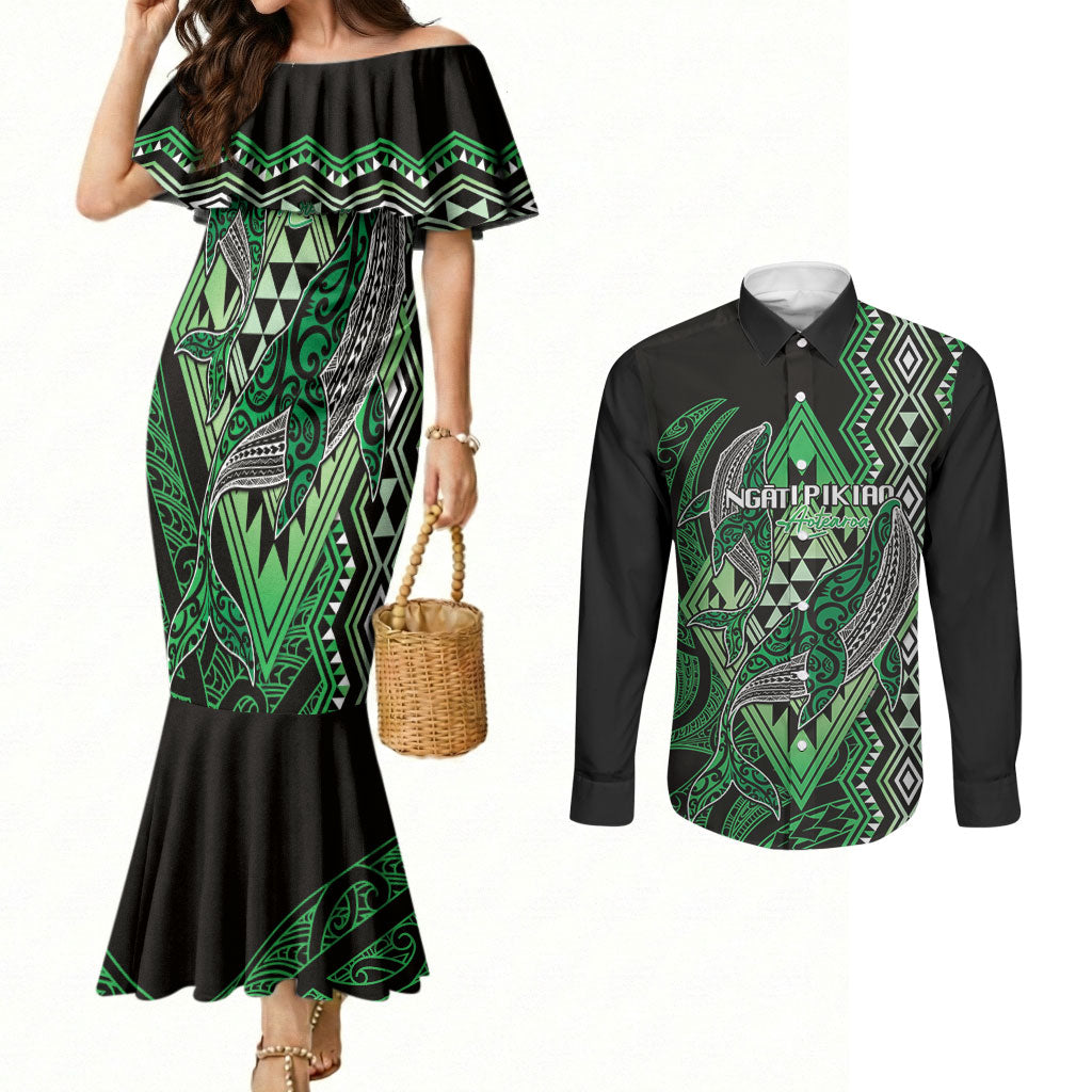Aotearoa Iwi Ngati Pikiao Personalised Couples Matching Mermaid Dress and Long Sleeve Button Shirt NZ Maori Humpback Whale Taniko Motifs LT14 Green - Polynesian Pride