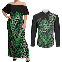 Aotearoa Iwi Ngati Pikiao Personalised Couples Matching Off Shoulder Maxi Dress and Long Sleeve Button Shirt NZ Maori Humpback Whale Taniko Motifs LT14 Green - Polynesian Pride
