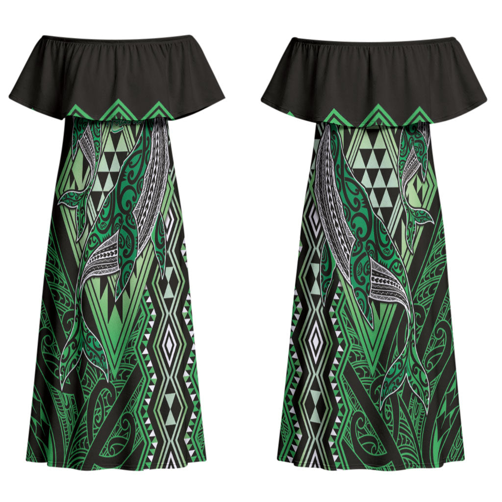 Aotearoa Iwi Ngati Pikiao Personalised Couples Matching Off Shoulder Maxi Dress and Long Sleeve Button Shirt NZ Maori Humpback Whale Taniko Motifs LT14 - Polynesian Pride
