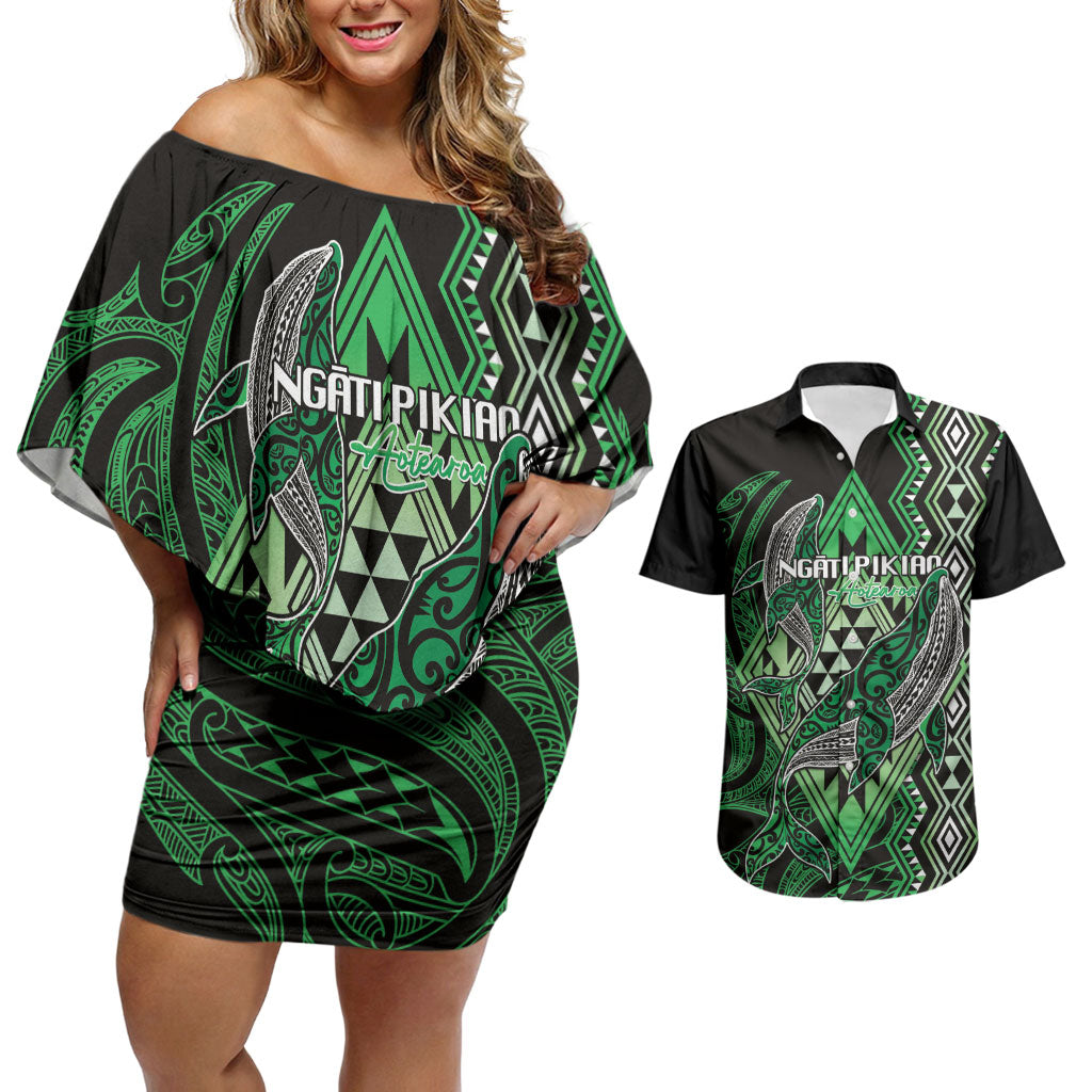 Aotearoa Iwi Ngati Pikiao Personalised Couples Matching Off Shoulder Short Dress and Hawaiian Shirt NZ Maori Humpback Whale Taniko Motifs LT14 Green - Polynesian Pride