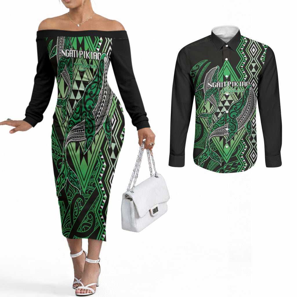 Aotearoa Iwi Ngati Pikiao Personalised Couples Matching Off The Shoulder Long Sleeve Dress and Long Sleeve Button Shirt NZ Maori Humpback Whale Taniko Motifs LT14 Green - Polynesian Pride