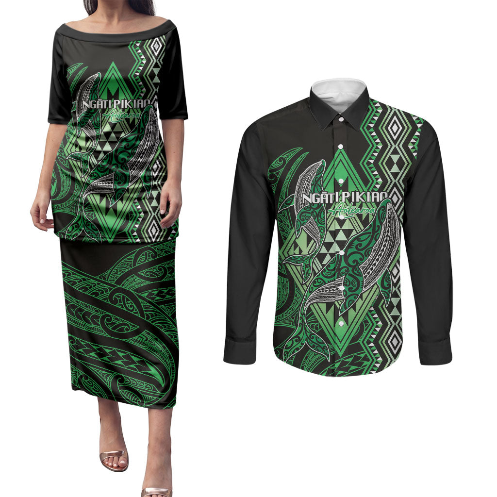 Aotearoa Iwi Ngati Pikiao Personalised Couples Matching Puletasi and Long Sleeve Button Shirt NZ Maori Humpback Whale Taniko Motifs LT14 Green - Polynesian Pride