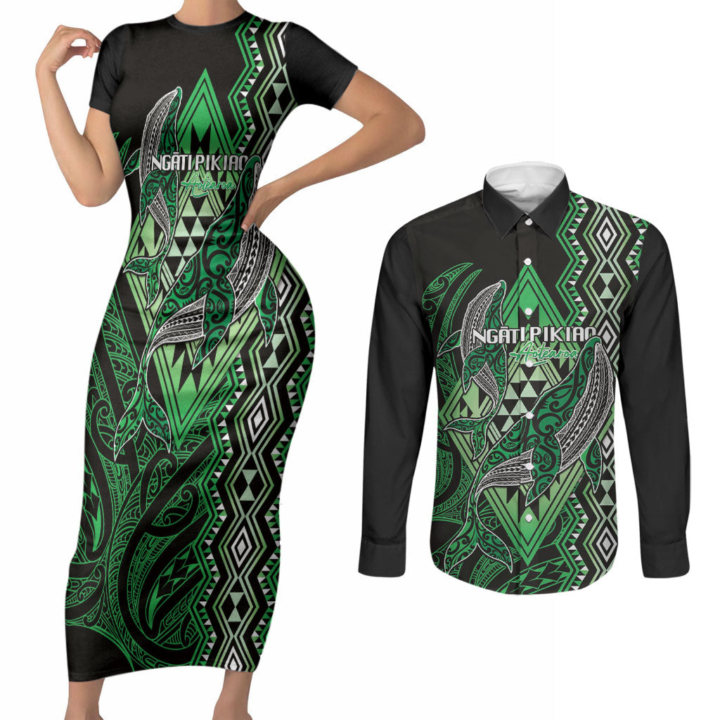 Aotearoa Iwi Ngati Pikiao Personalised Couples Matching Short Sleeve Bodycon Dress and Long Sleeve Button Shirt NZ Maori Humpback Whale Taniko Motifs LT14 Green - Polynesian Pride