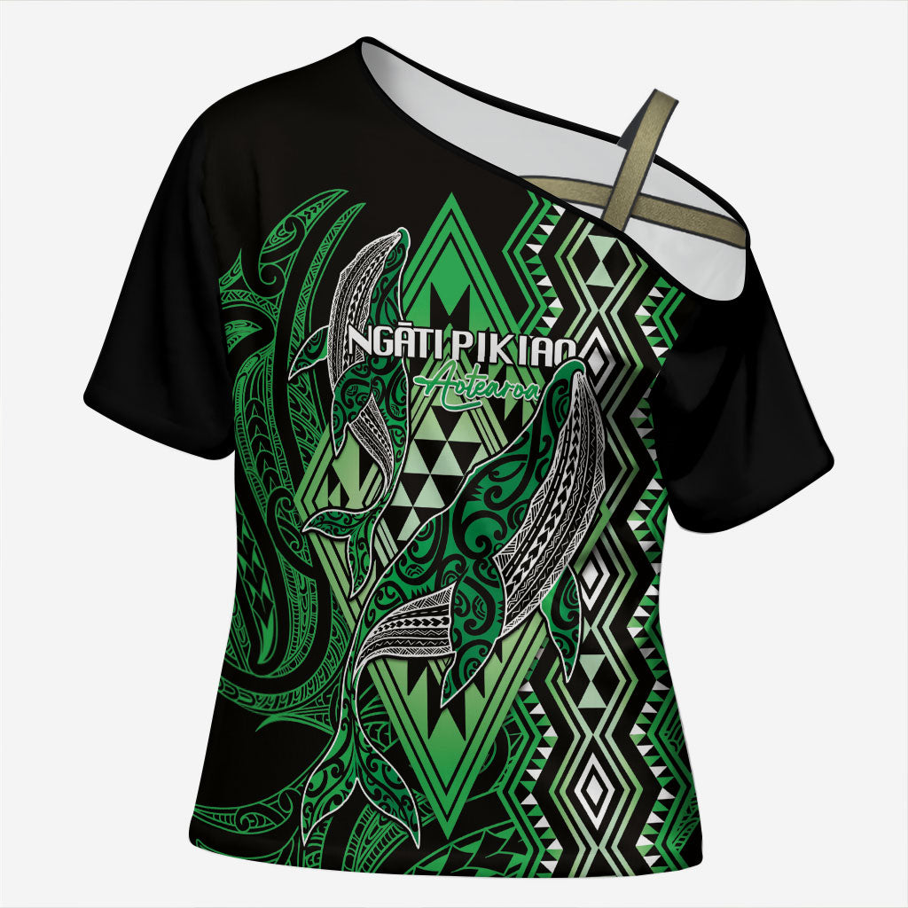 Aotearoa Iwi Ngati Pikiao Personalised Cross Shoulder Shirt NZ Maori Humpback Whale Taniko Motifs LT14 Female Green - Polynesian Pride