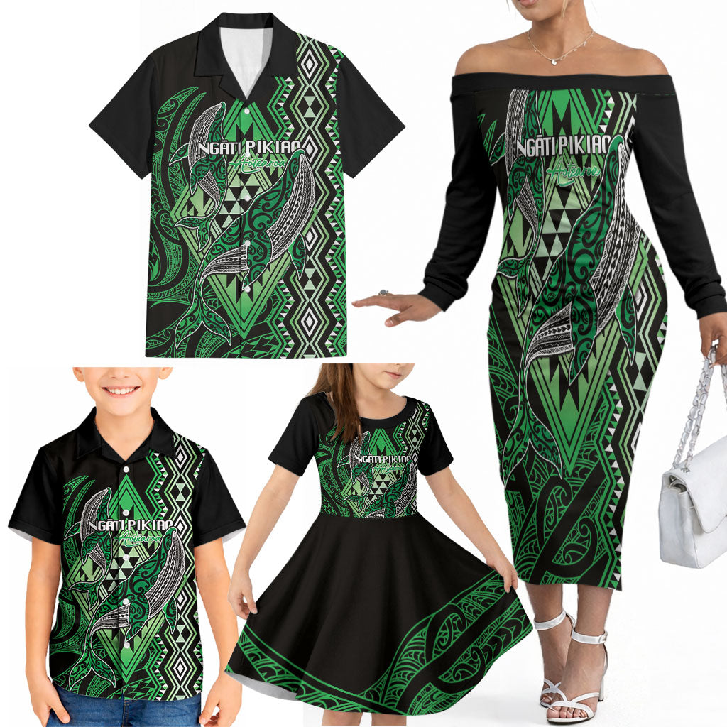 Aotearoa Iwi Ngati Pikiao Personalised Family Matching Off The Shoulder Long Sleeve Dress and Hawaiian Shirt NZ Maori Humpback Whale Taniko Motifs LT14 - Polynesian Pride