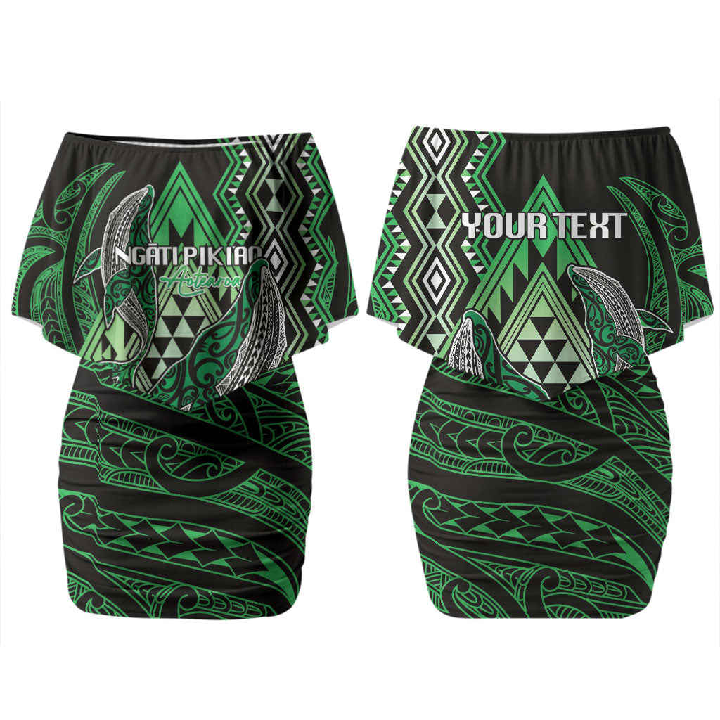 Aotearoa Iwi Ngati Pikiao Personalised Family Matching Off Shoulder Short Dress and Hawaiian Shirt NZ Maori Humpback Whale Taniko Motifs LT14 Mom's Dress Green - Polynesian Pride