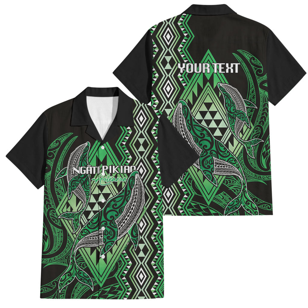 Aotearoa Iwi Ngati Pikiao Personalised Family Matching Off Shoulder Short Dress and Hawaiian Shirt NZ Maori Humpback Whale Taniko Motifs LT14 Dad's Shirt - Short Sleeve Green - Polynesian Pride