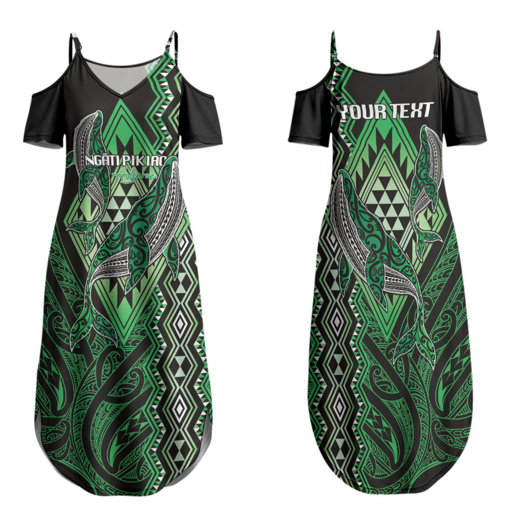 Aotearoa Iwi Ngati Pikiao Personalised Family Matching Summer Maxi Dress and Hawaiian Shirt NZ Maori Humpback Whale Taniko Motifs LT14 Mom's Dress Green - Polynesian Pride