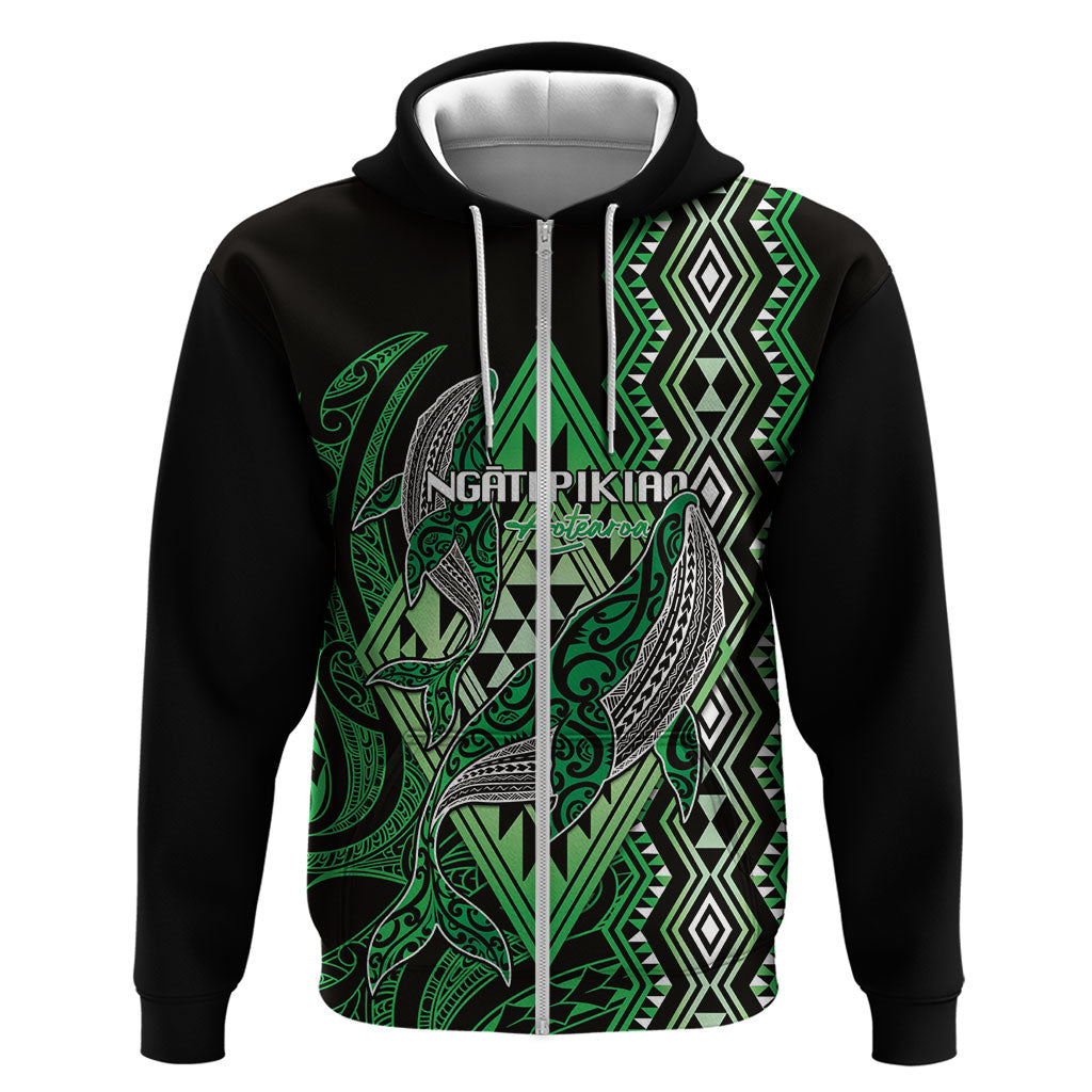 Aotearoa Iwi Ngati Pikiao Personalised Hoodie NZ Maori Humpback Whale Taniko Motifs LT14 Zip Hoodie Green - Polynesian Pride