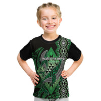 Aotearoa Iwi Ngati Pikiao Personalised Kid T Shirt NZ Maori Humpback Whale Taniko Motifs LT14 Green - Polynesian Pride