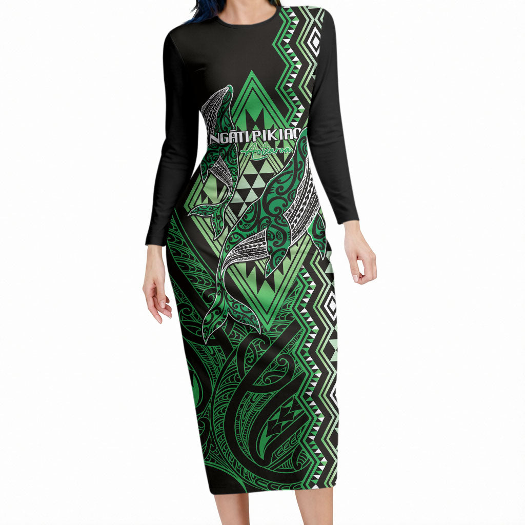 Aotearoa Iwi Ngati Pikiao Personalised Long Sleeve Bodycon Dress NZ Maori Humpback Whale Taniko Motifs LT14 Long Dress Green - Polynesian Pride