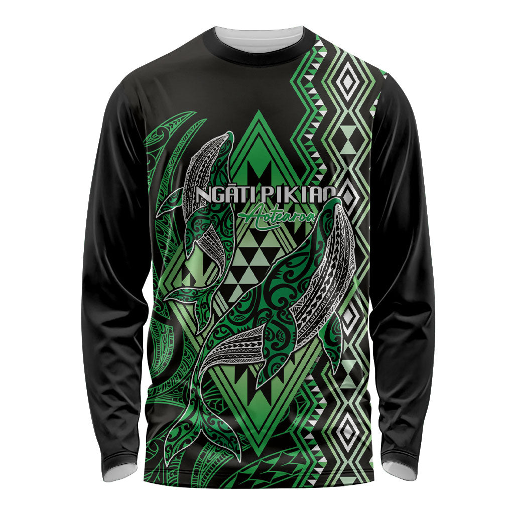Aotearoa Iwi Ngati Pikiao Personalised Long Sleeve Shirt NZ Maori Humpback Whale Taniko Motifs LT14 Unisex Green - Polynesian Pride