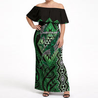 Aotearoa Iwi Ngati Pikiao Personalised Off Shoulder Maxi Dress NZ Maori Humpback Whale Taniko Motifs LT14 Women Green - Polynesian Pride