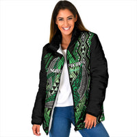 Aotearoa Iwi Ngati Pikiao Personalised Padded Jacket NZ Maori Humpback Whale Taniko Motifs LT14 Women Green - Polynesian Pride