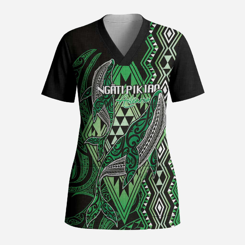 Aotearoa Iwi Ngati Pikiao Personalised Scrub Top NZ Maori Humpback Whale Taniko Motifs LT14 Adult Green - Polynesian Pride