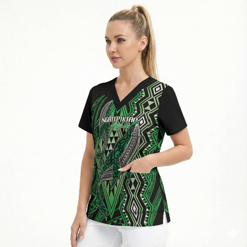 Aotearoa Iwi Ngati Pikiao Personalised Scrub Top NZ Maori Humpback Whale Taniko Motifs LT14 - Polynesian Pride