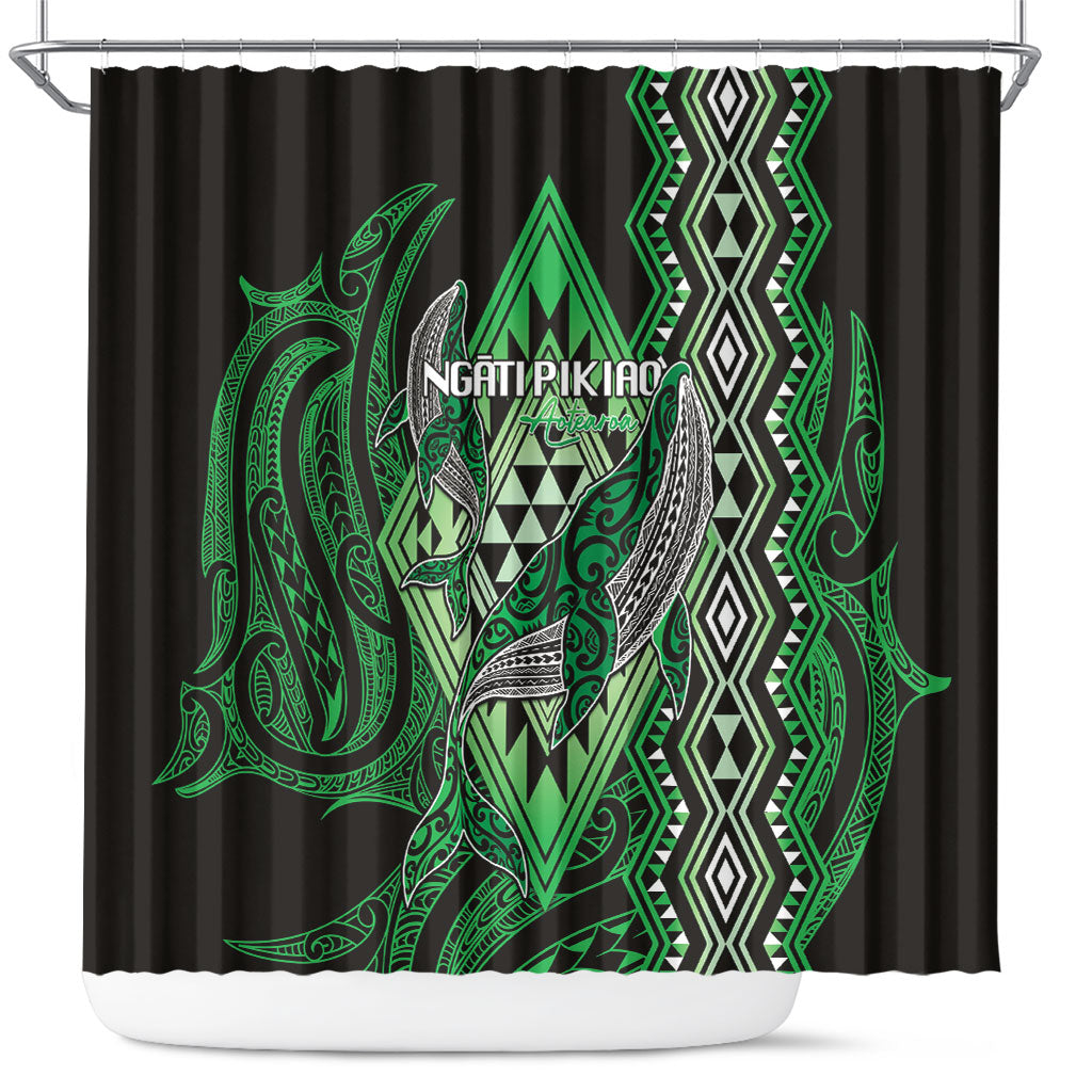 Aotearoa Iwi Ngati Pikiao Shower Curtain NZ Maori Humpback Whale Taniko Motifs LT14 Green - Polynesian Pride