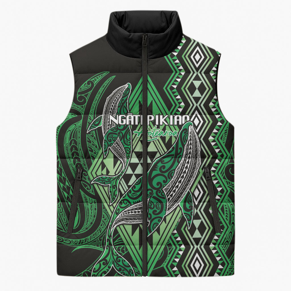 Aotearoa Iwi Ngati Pikiao Personalised Sleeveless Puffer Jacket NZ Maori Humpback Whale Taniko Motifs LT14 Unisex Green - Polynesian Pride
