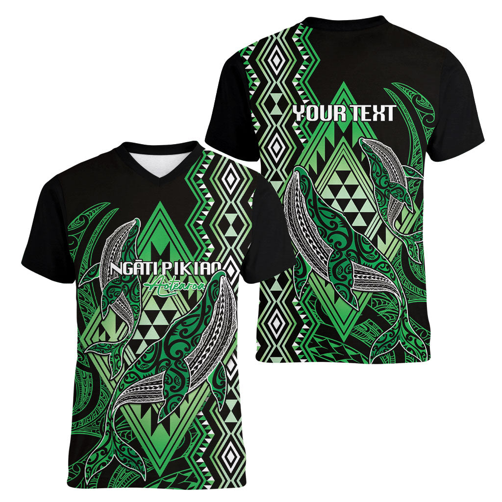 Aotearoa Iwi Ngati Pikiao Personalised Women V-Neck T-Shirt NZ Maori Humpback Whale Taniko Motifs LT14 - Polynesian Pride