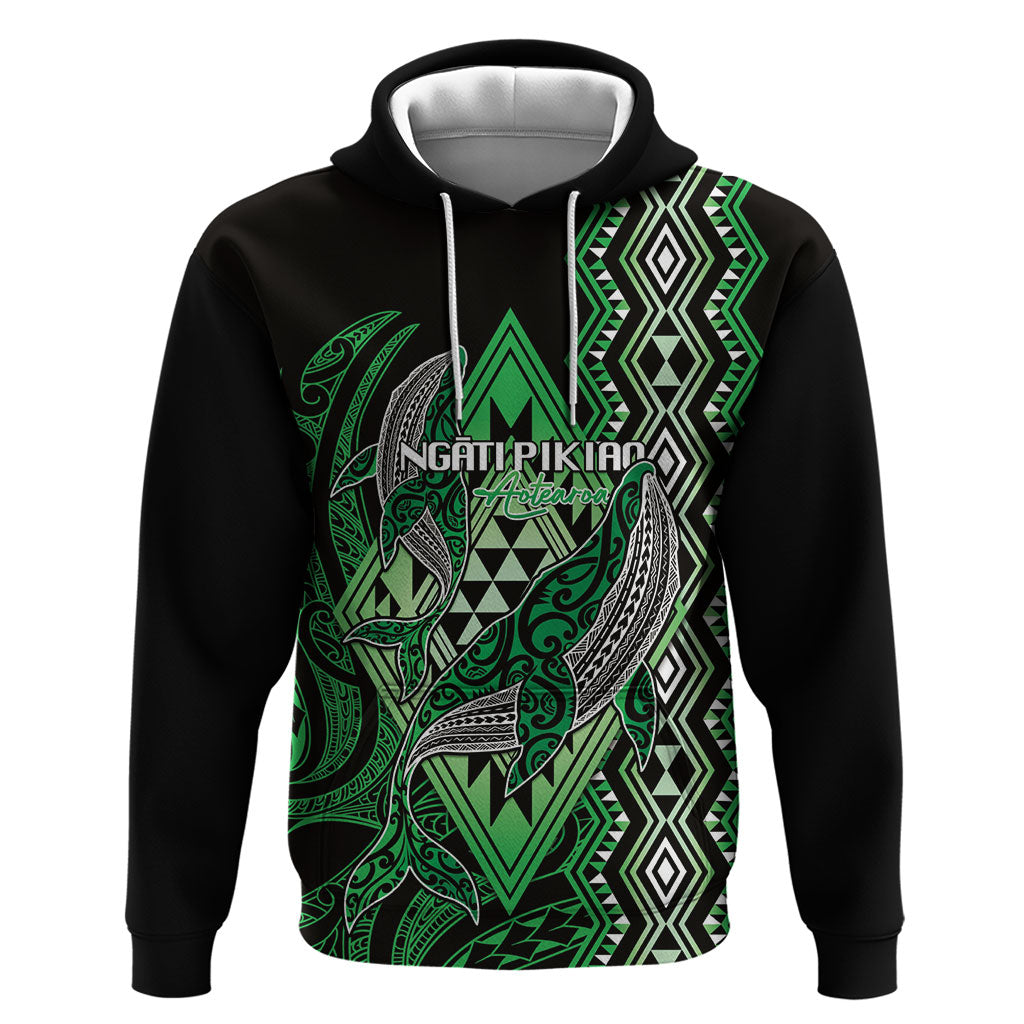 Aotearoa Iwi Ngati Pikiao Personalised Zip Hoodie NZ Maori Humpback Whale Taniko Motifs LT14 Pullover Hoodie Green - Polynesian Pride