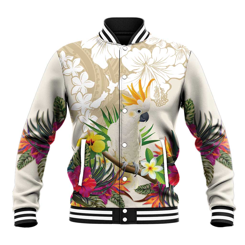 New Zealand Cacatua Galerita Baseball Jacket Aotearoa Cockatoo Tropical Flowers LT14 Unisex Beige - Polynesian Pride
