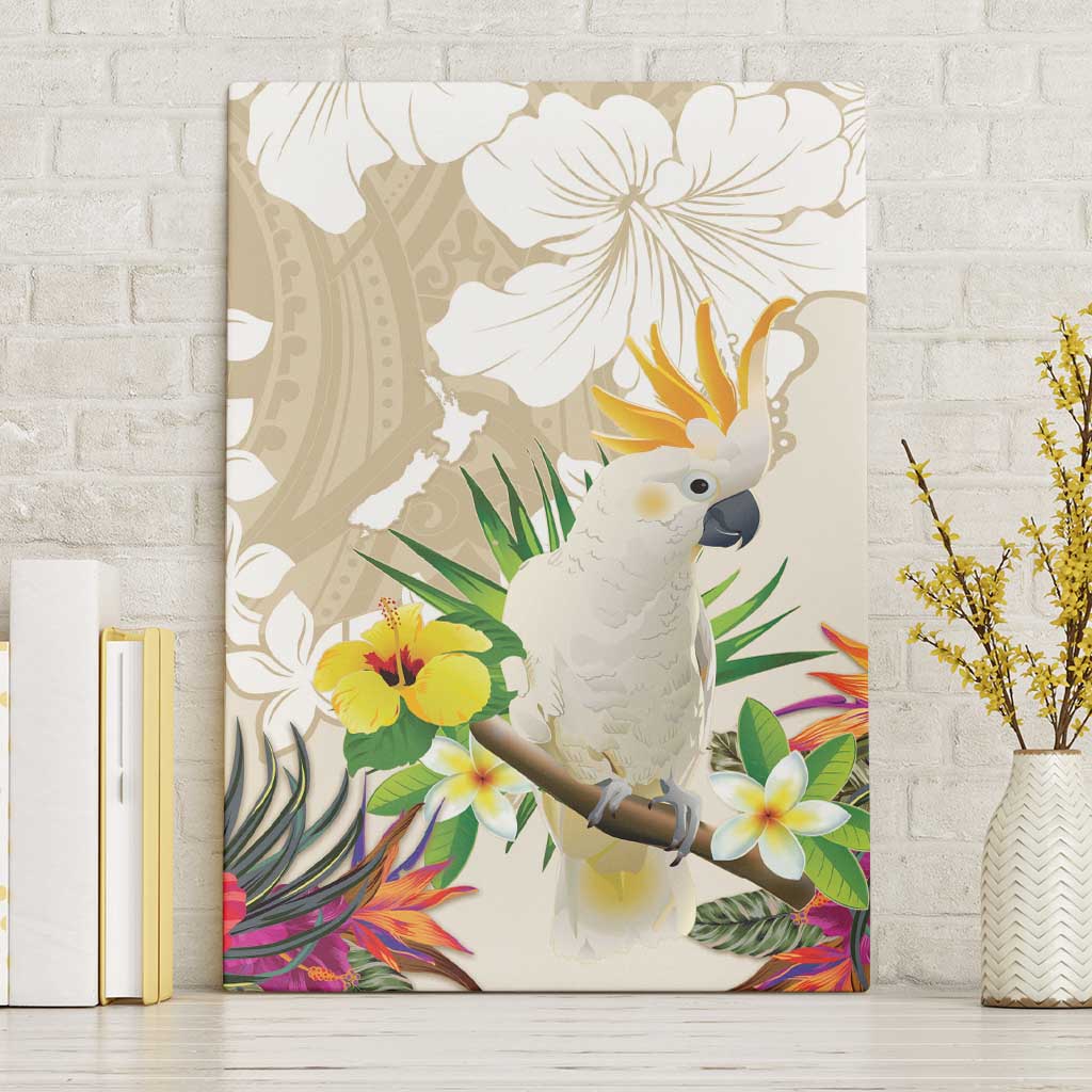 New Zealand Cacatua Galerita Canvas Wall Art Aotearoa Cockatoo Tropical Flowers LT14 Without Frame Beige - Polynesian Pride