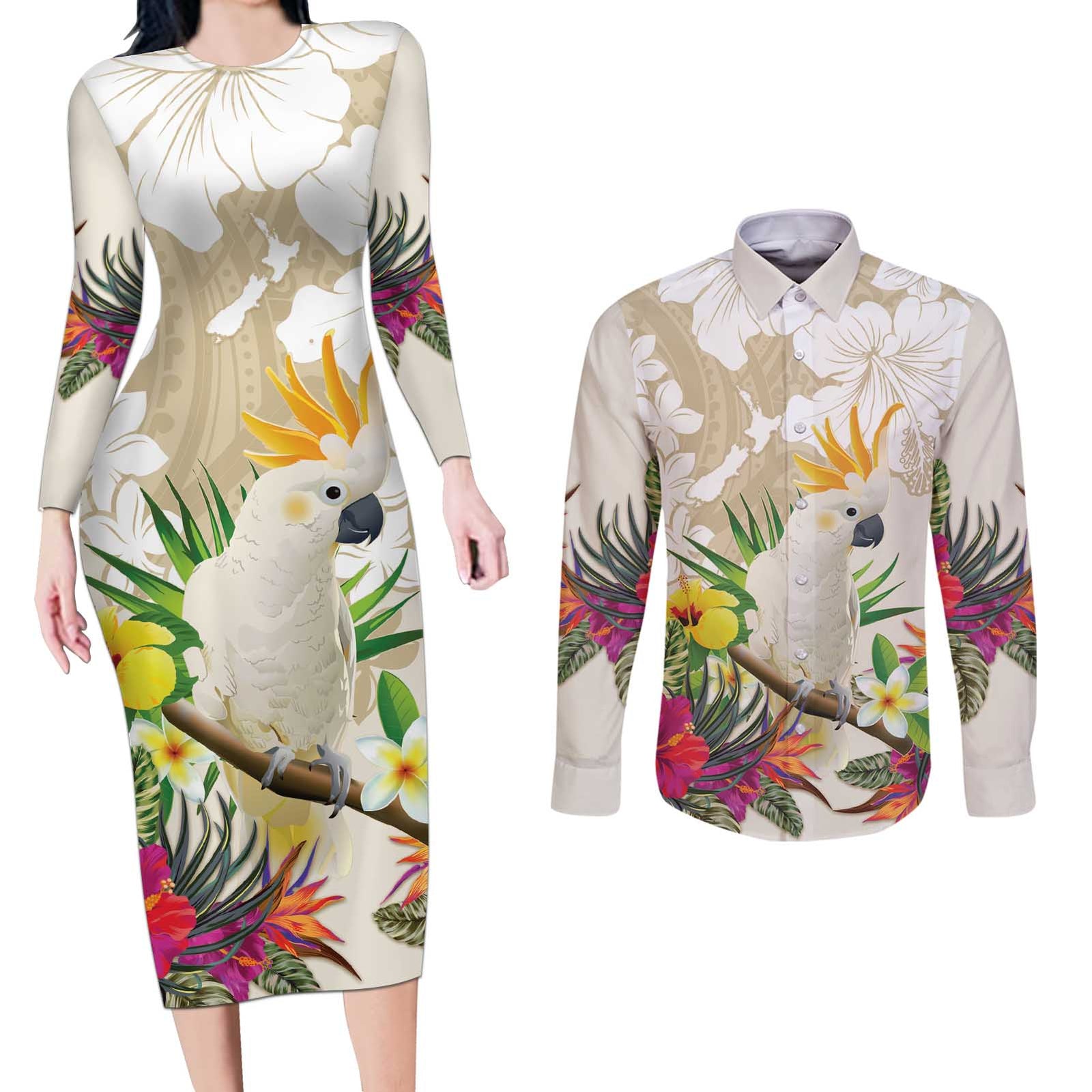 New Zealand Cacatua Galerita Couples Matching Long Sleeve Bodycon Dress and Long Sleeve Button Shirt Aotearoa Cockatoo Tropical Flowers LT14 Beige - Polynesian Pride