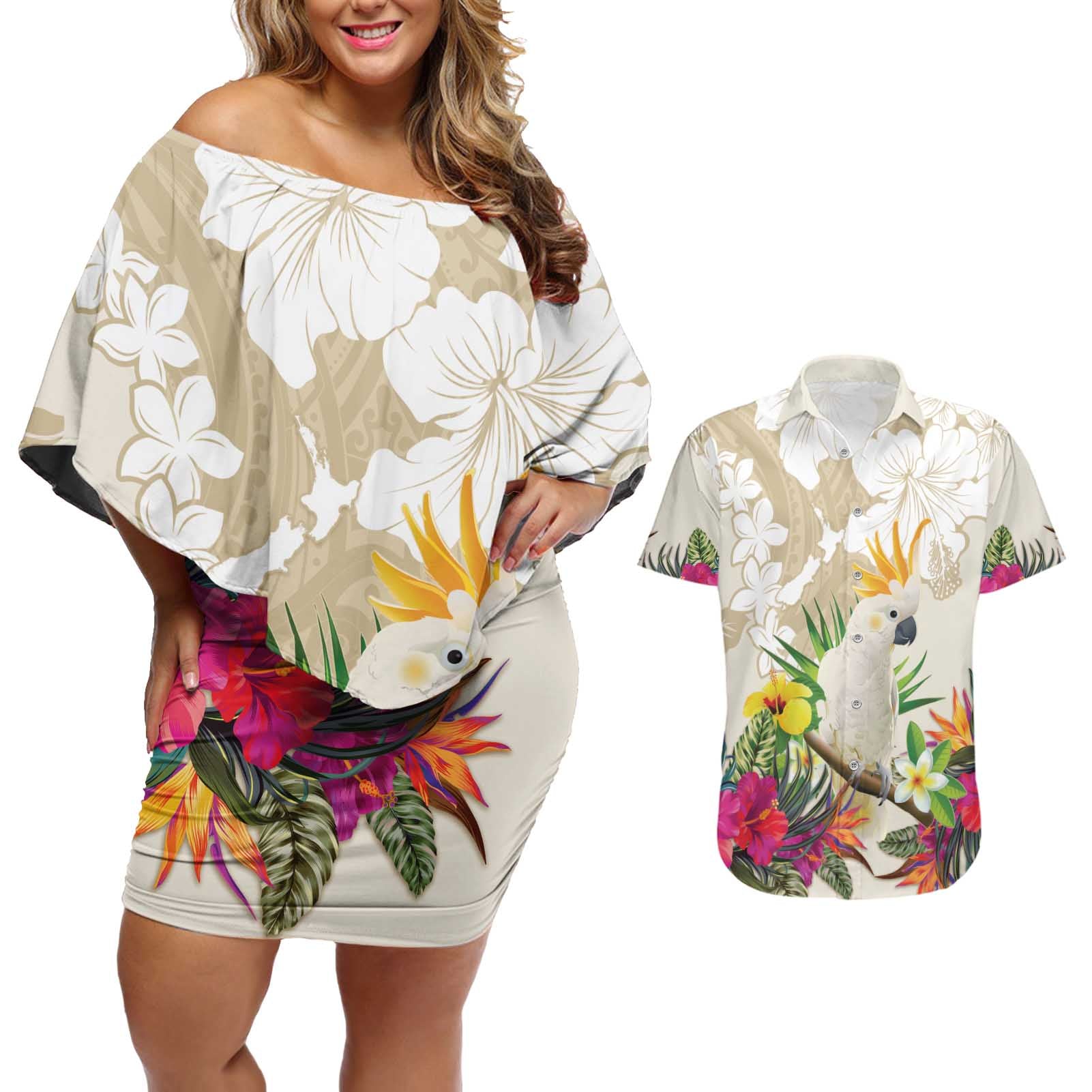 New Zealand Cacatua Galerita Couples Matching Off Shoulder Short Dress and Hawaiian Shirt Aotearoa Cockatoo Tropical Flowers