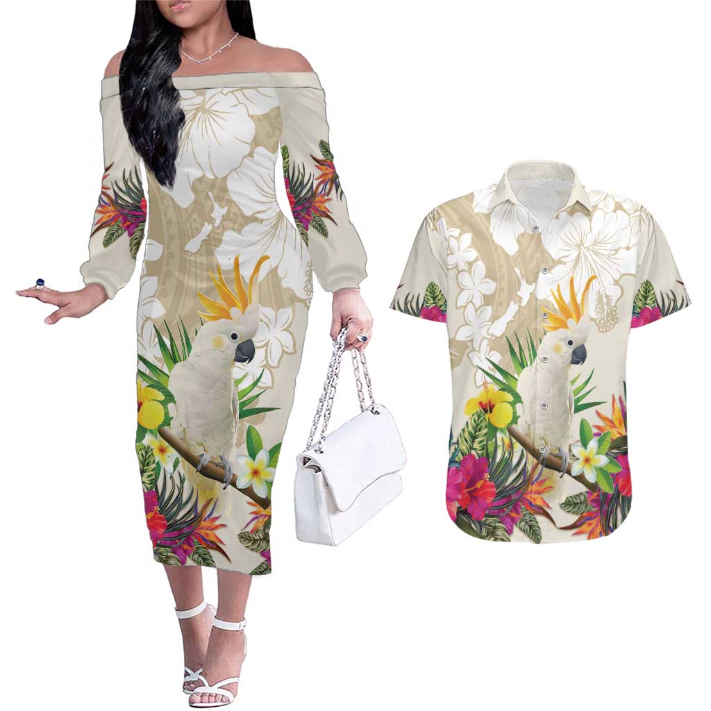 New Zealand Cacatua Galerita Couples Matching Off The Shoulder Long Sleeve Dress and Hawaiian Shirt Aotearoa Cockatoo Tropical Flowers