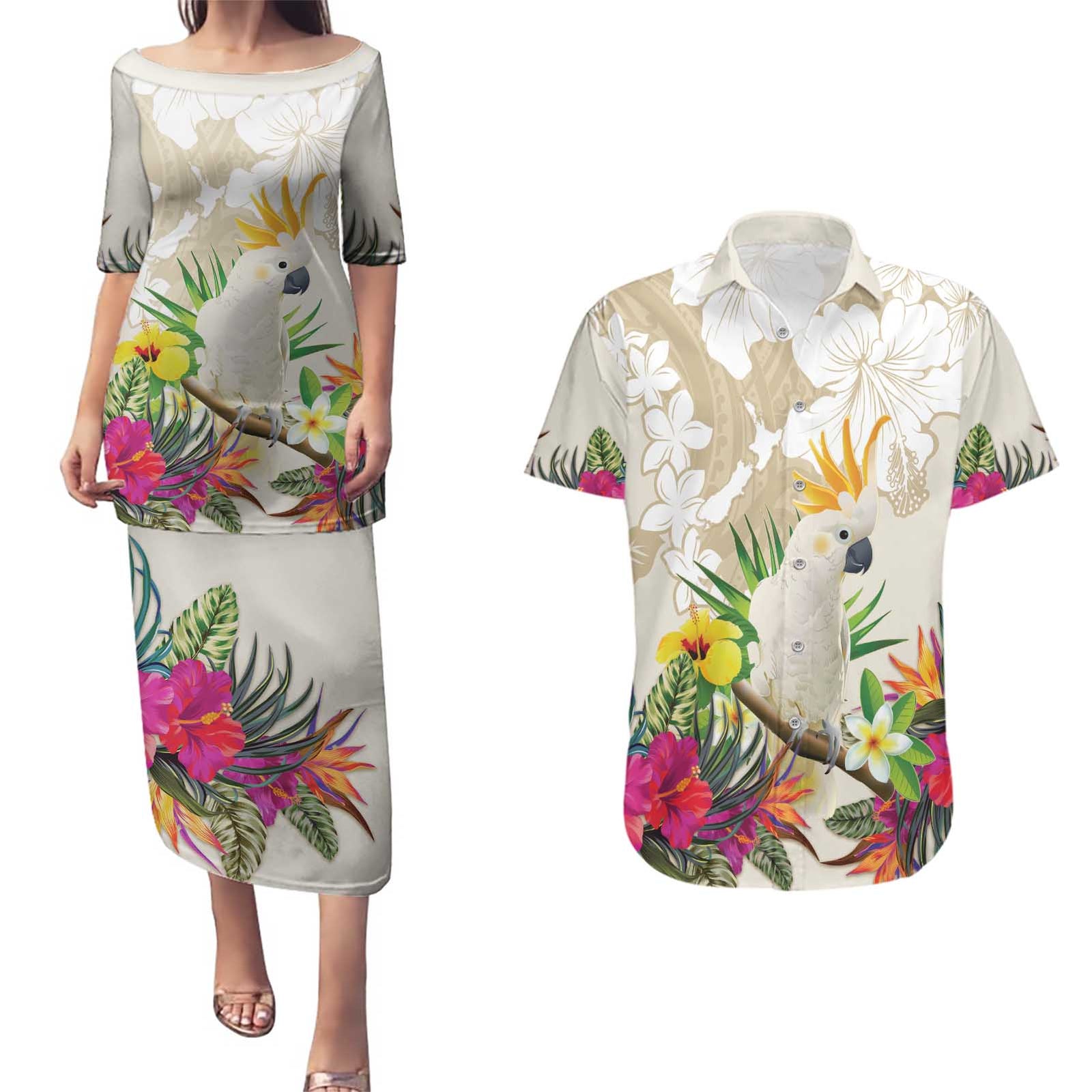 New Zealand Cacatua Galerita Couples Matching Puletasi and Hawaiian Shirt Aotearoa Cockatoo Tropical Flowers LT14 Beige - Polynesian Pride