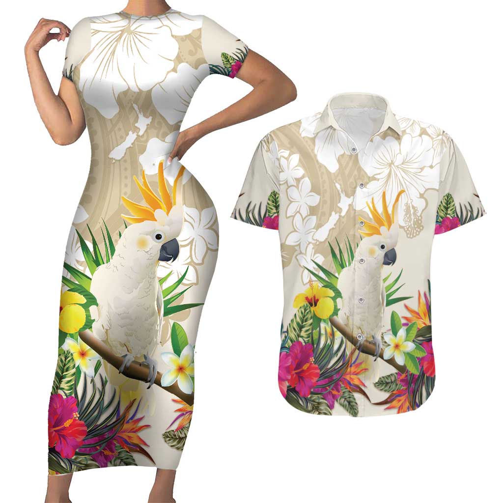 New Zealand Cacatua Galerita Couples Matching Short Sleeve Bodycon Dress and Hawaiian Shirt Aotearoa Cockatoo Tropical Flowers LT14 Beige - Polynesian Pride