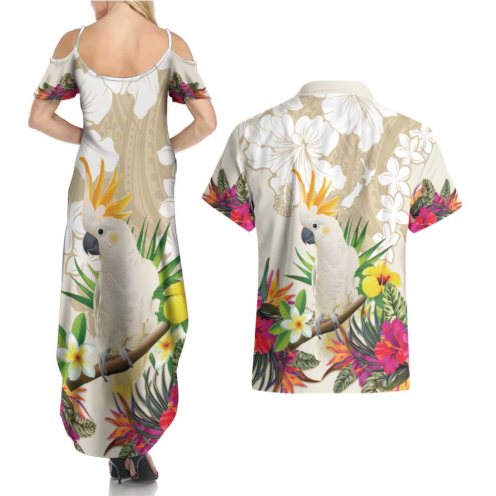 New Zealand Cacatua Galerita Couples Matching Summer Maxi Dress and Hawaiian Shirt Aotearoa Cockatoo Tropical Flowers LT14 - Polynesian Pride