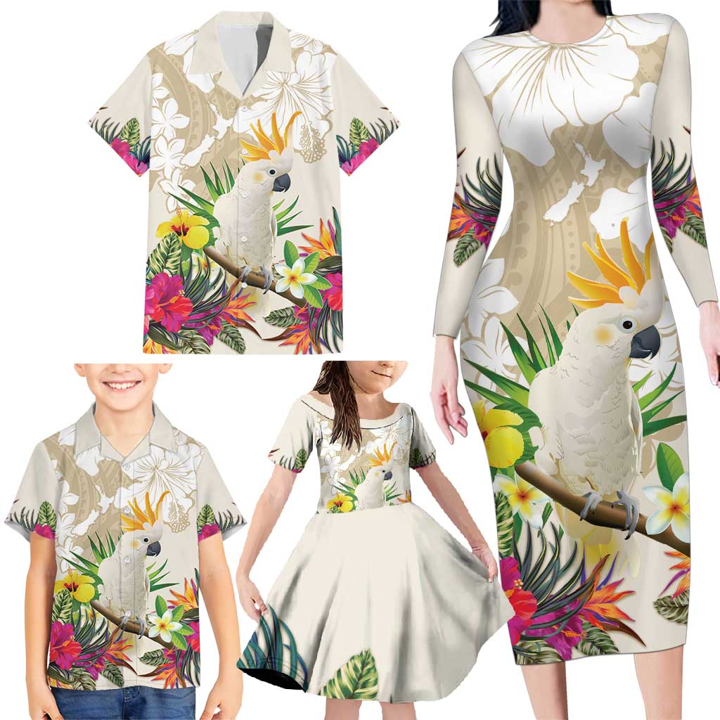 New Zealand Cacatua Galerita Family Matching Long Sleeve Bodycon Dress and Hawaiian Shirt Aotearoa Cockatoo Tropical Flowers