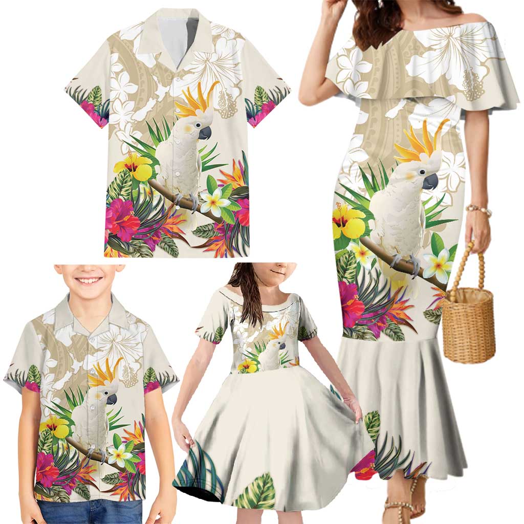 New Zealand Cacatua Galerita Family Matching Mermaid Dress and Hawaiian Shirt Aotearoa Cockatoo Tropical Flowers