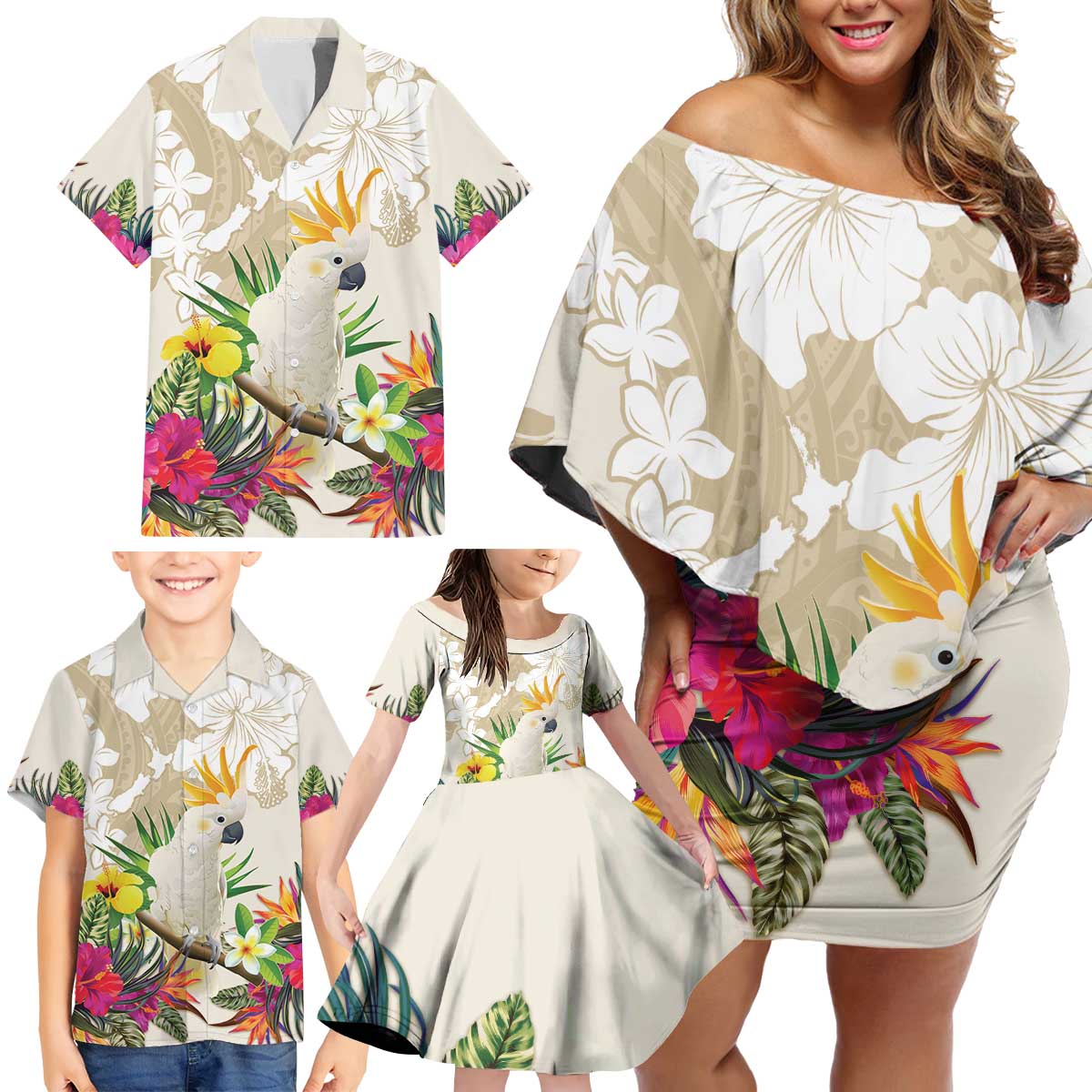 New Zealand Cacatua Galerita Family Matching Off Shoulder Short Dress and Hawaiian Shirt Aotearoa Cockatoo Tropical Flowers LT14 - Polynesian Pride