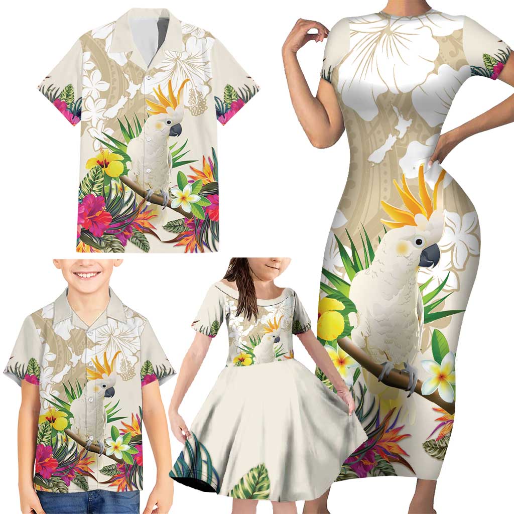 New Zealand Cacatua Galerita Family Matching Short Sleeve Bodycon Dress and Hawaiian Shirt Aotearoa Cockatoo Tropical Flowers