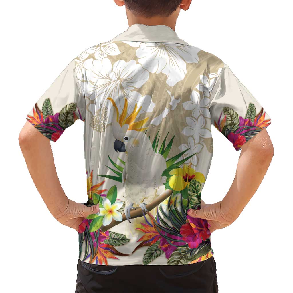 New Zealand Cacatua Galerita Kid Hawaiian Shirt Aotearoa Cockatoo Tropical Flowers