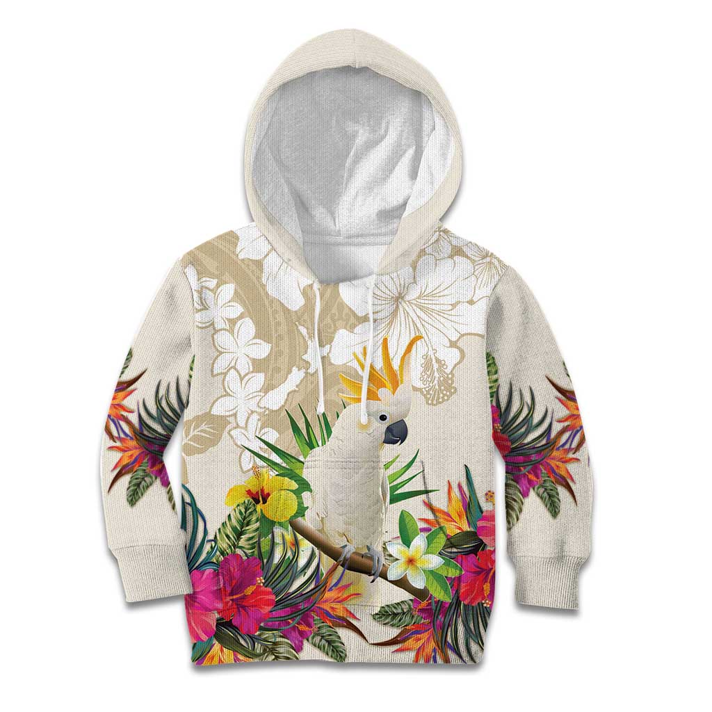 New Zealand Cacatua Galerita Kid Hoodie Aotearoa Cockatoo Tropical Flowers