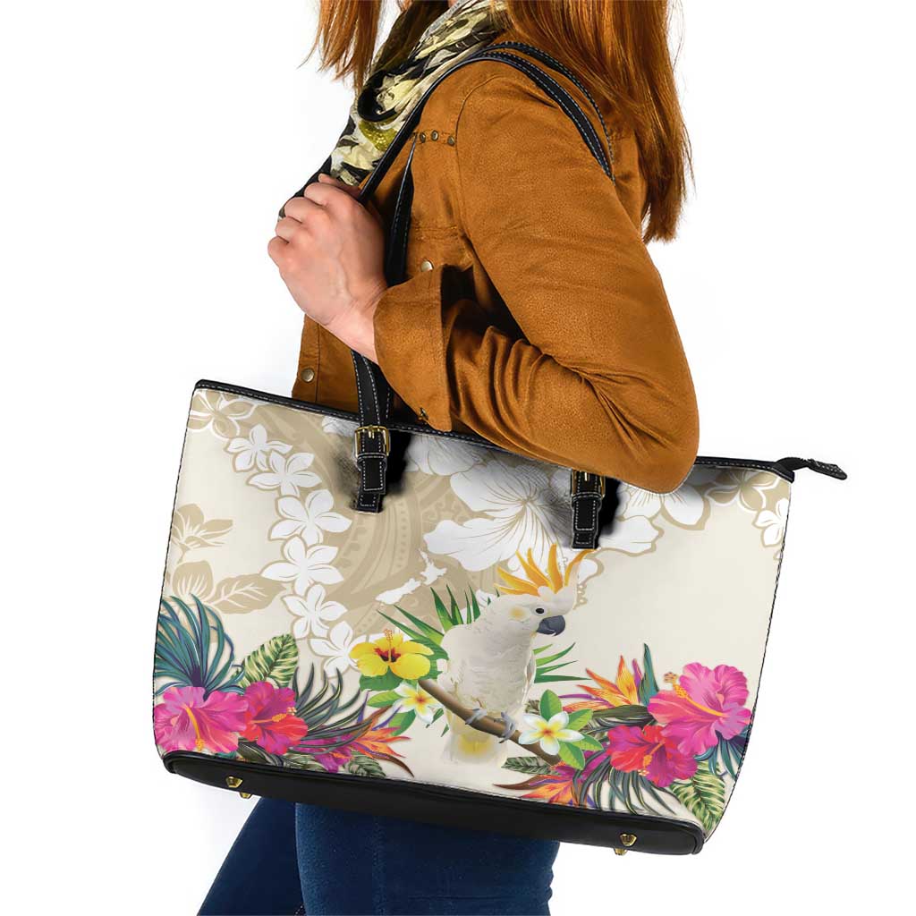 New Zealand Cacatua Galerita Leather Tote Bag Aotearoa Cockatoo Tropical Flowers