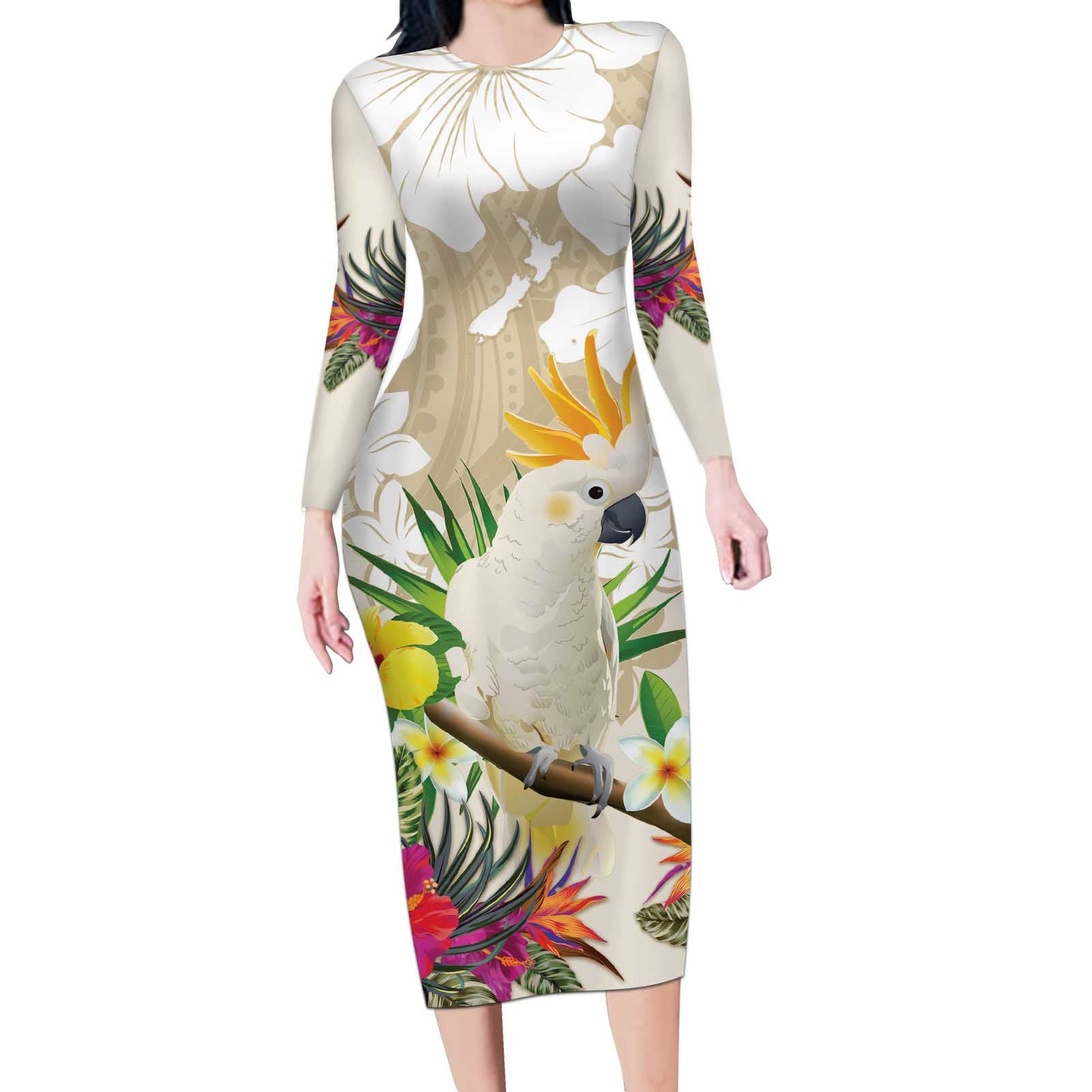 New Zealand Cacatua Galerita Long Sleeve Bodycon Dress Aotearoa Cockatoo Tropical Flowers