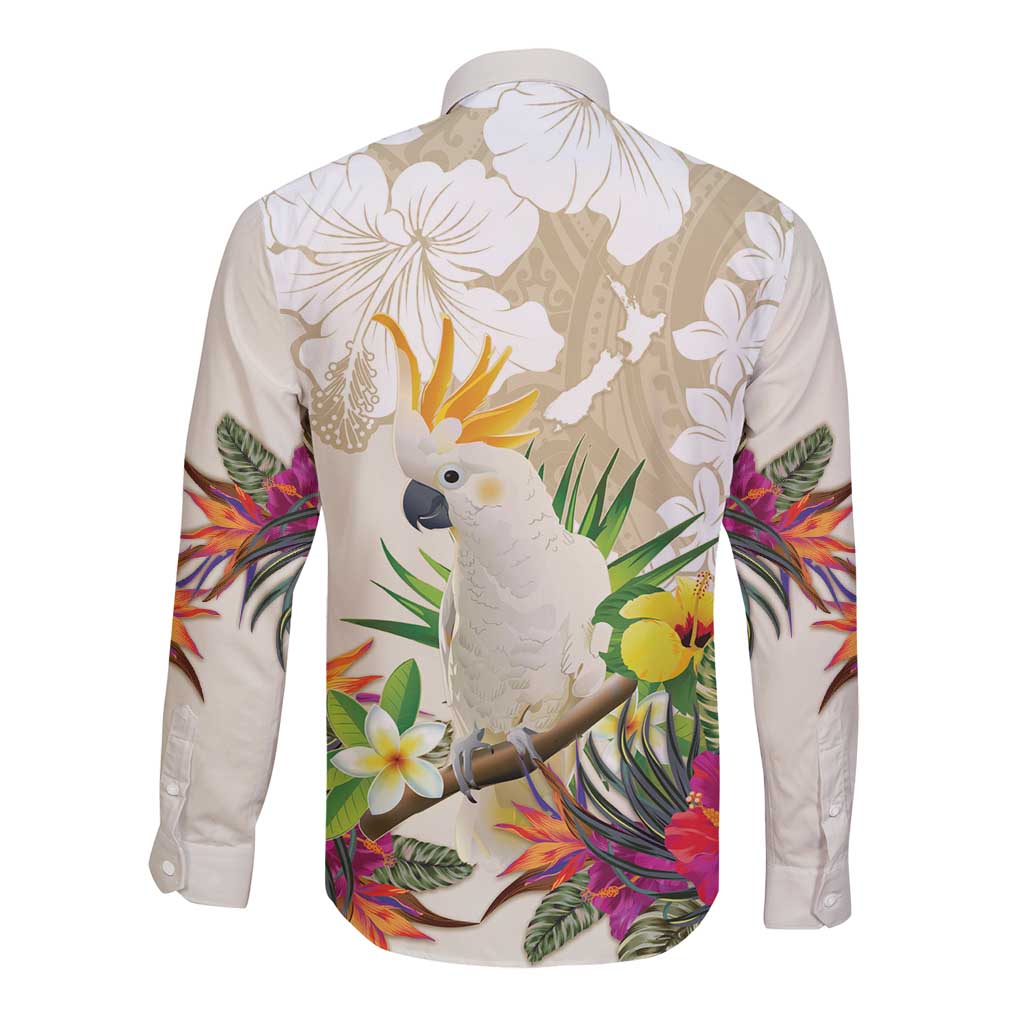 New Zealand Cacatua Galerita Long Sleeve Button Shirt Aotearoa Cockatoo Tropical Flowers