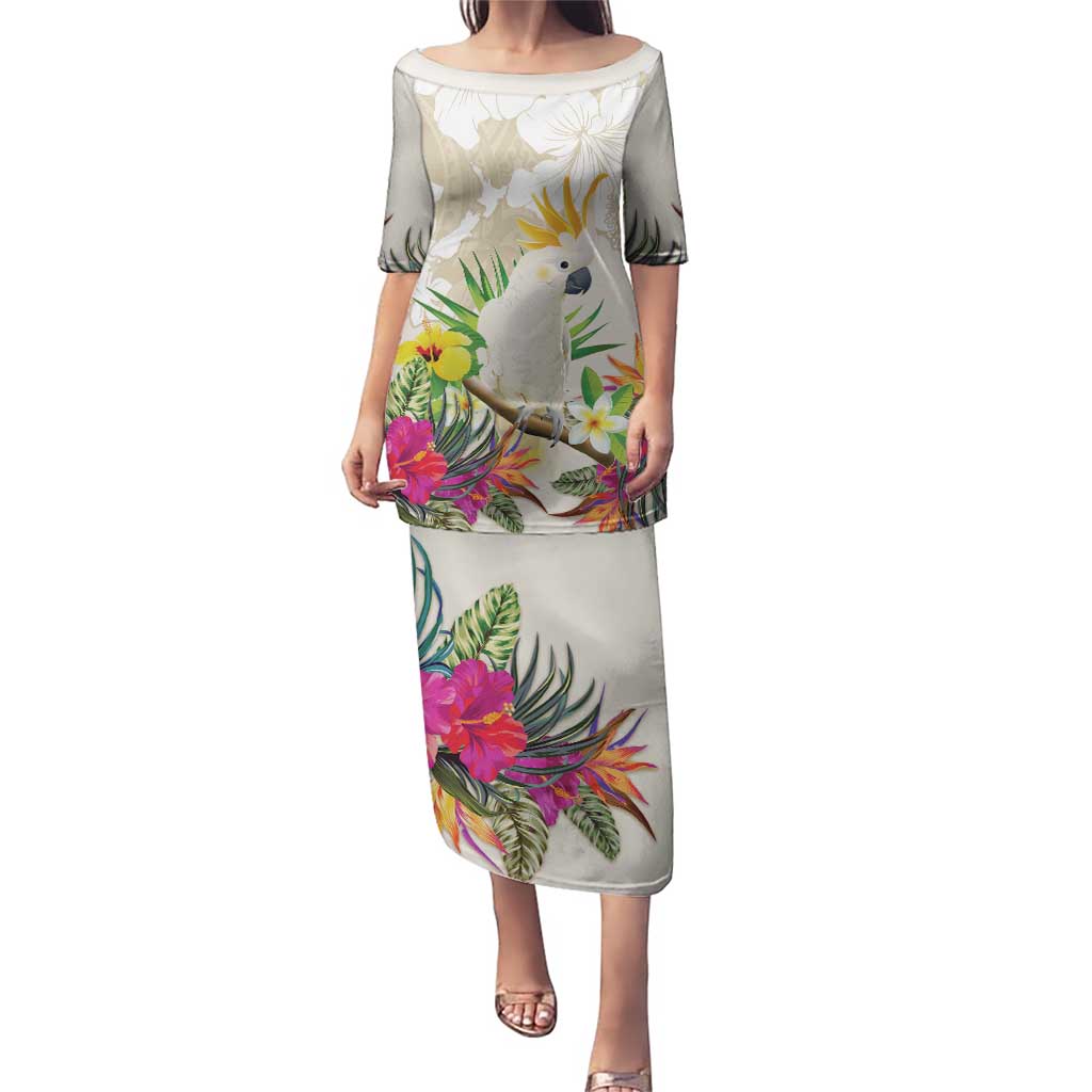 New Zealand Cacatua Galerita Puletasi Aotearoa Cockatoo Tropical Flowers LT14 Long Dress Beige - Polynesian Pride